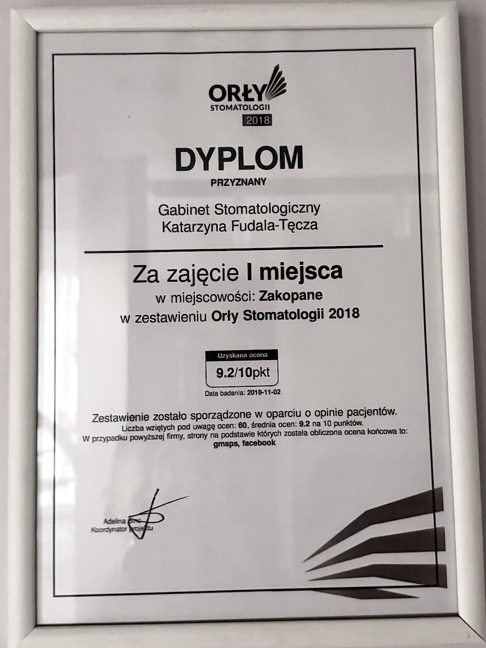 Dyplom Orły Stomatologii 2018 — I miejsce w Zakopanem