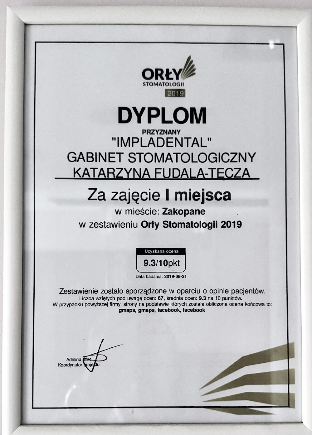 Dyplom Orły Stomatologii 2019 — I miejsce w Zakopanem
